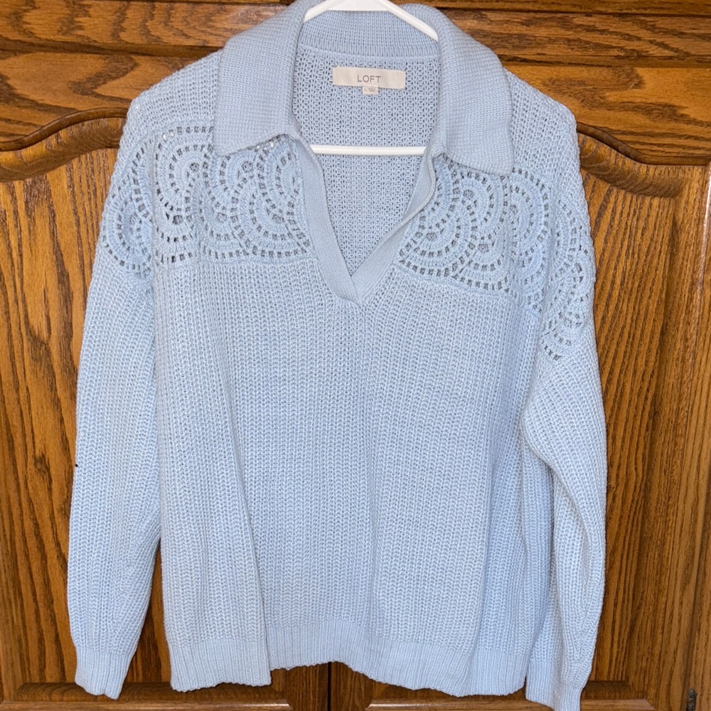 LOFT Women's Light Blue Lace Detail V-Neck Sweater